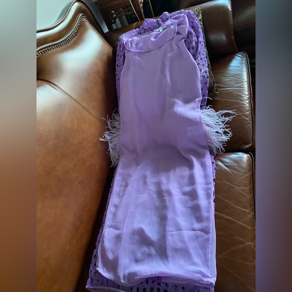 Rachel Gilbert Mara Purple Metallic Ostrich Feather Column Gown NWT - Picture 9 of 13